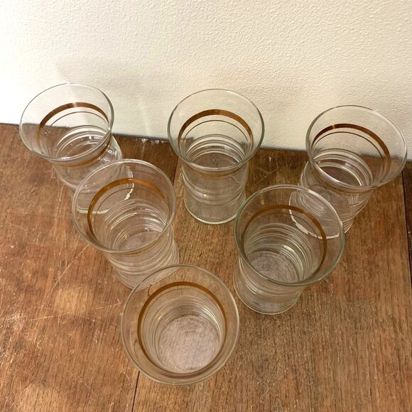 Set of 6 Vintage 40s 50s MCM 4.75" 8 oz ribbed drinking glasses with gold detail - Picture 4 of 6